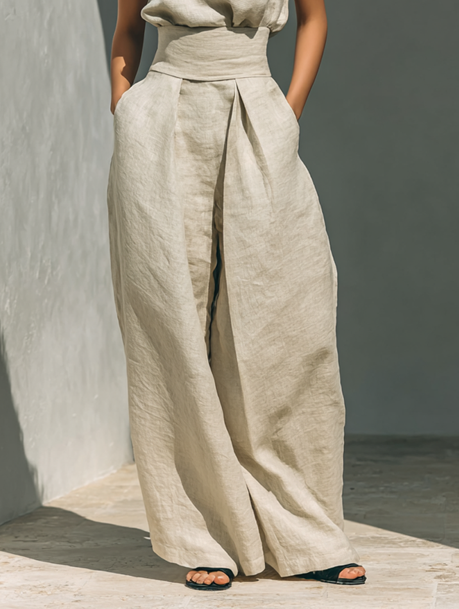 Maria | Ensemble débardeur minimaliste en coton et lin pour femmes et pantalon à jambes larges