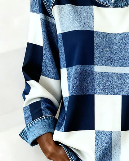 Oriane | Sweatshirt avec Patchwork à Carreaux et Couleur Contrastée