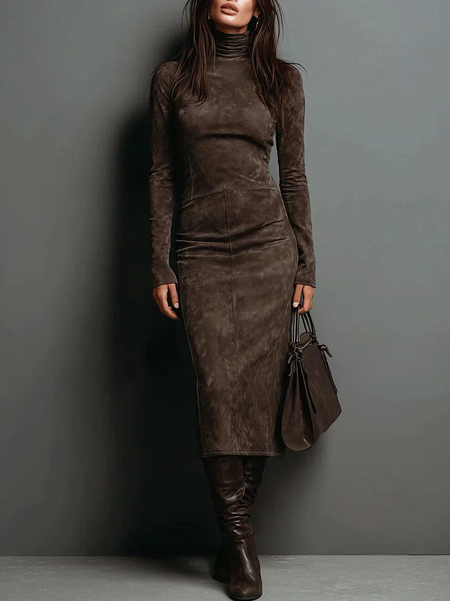 Robe midi à col montant et manches longues effet daim pour femme