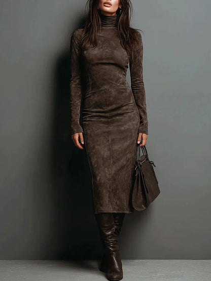 Robe midi à col montant et manches longues effet daim pour femme