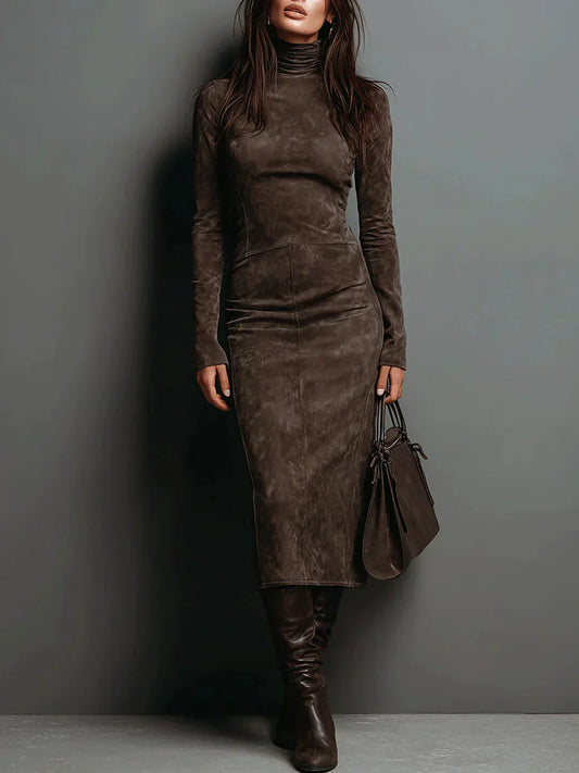 Robe midi à col montant et manches longues effet daim pour femme
