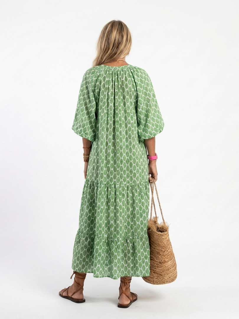 Apolline | Robe midi à manches trois quarts et décolleté en V à motif