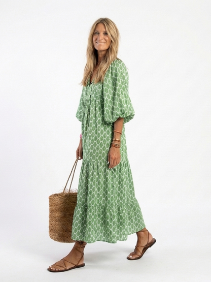 Apolline | Robe midi à manches trois quarts et décolleté en V à motif