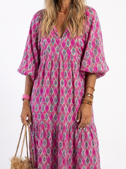 Apolline | Robe midi à manches trois quarts et décolleté en V à motif