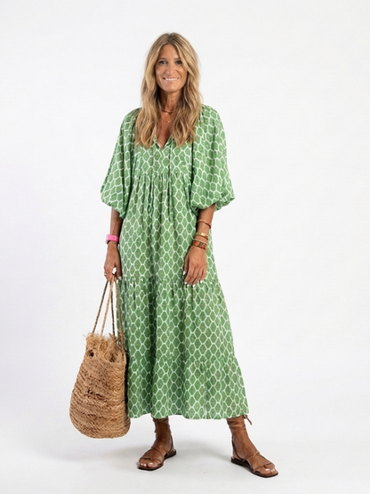Apolline | Robe midi à manches trois quarts et décolleté en V à motif
