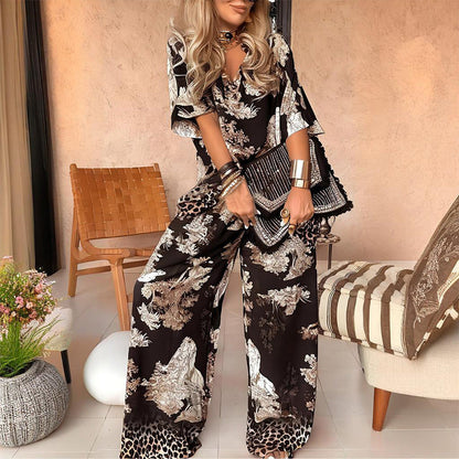 Linette™ Ensemble Haut Imprimé à Col V et Pantalons Longs